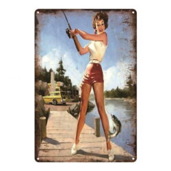 placca metallo vintage pin up pesca